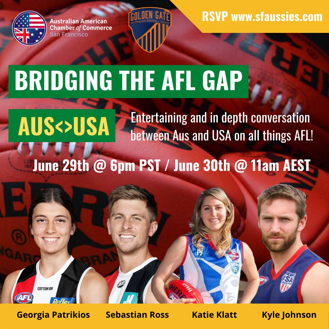 Final reminder to join us &amp; Golden Gate AFL tonight at 6pm! Free to attend on zoom with an #AFL SUPERSTAR panel ... this is an event not to be missed!

Event details > sfaussies.com/event-4331405

See you tonight! 🇦🇺🏆🇺🇸🍻