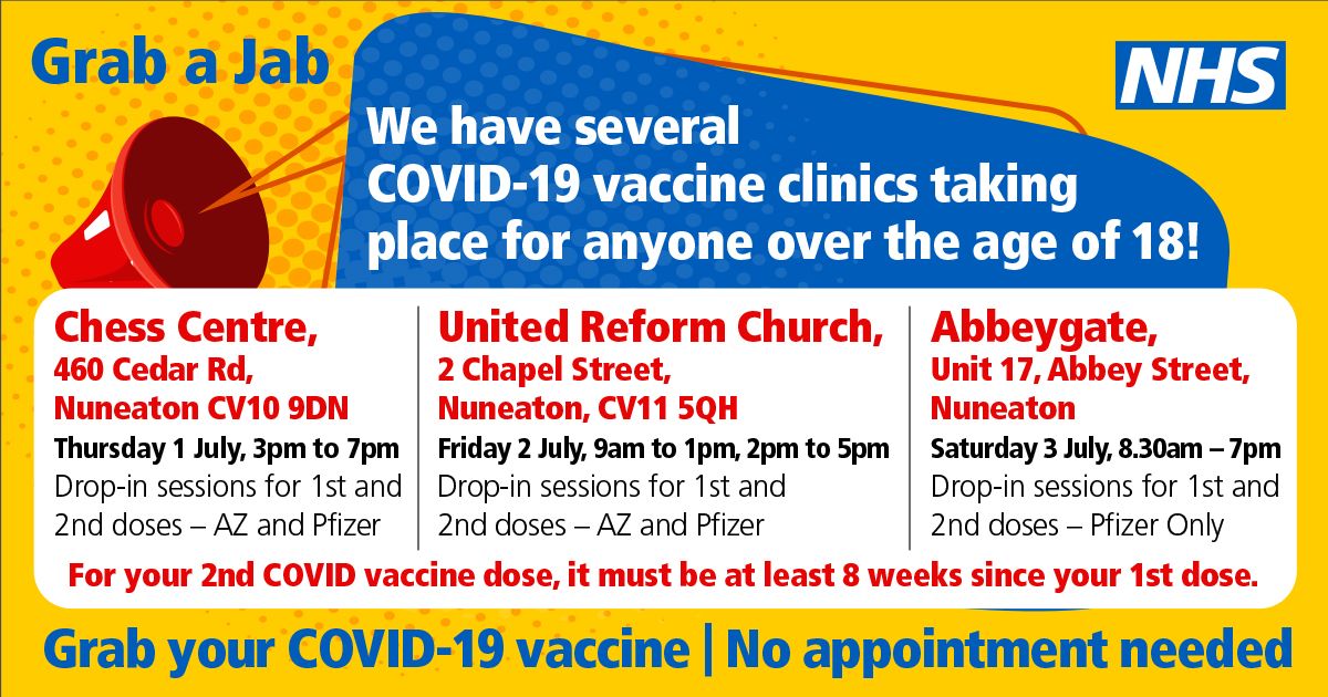 CWPT_NHS's tweet photo. No appointments are needed for this weekend’s pop-up clinics in Nuneaton. Anyone wanting their vaccination can drop by at a time to suit them. The clinics are open to anyone aged 18 and over #GetVaccinatedCoventry #GetVaccinatedWarwickshire https://t.co/lyw2zr4CjI https://t.co/YYsFm57qKB