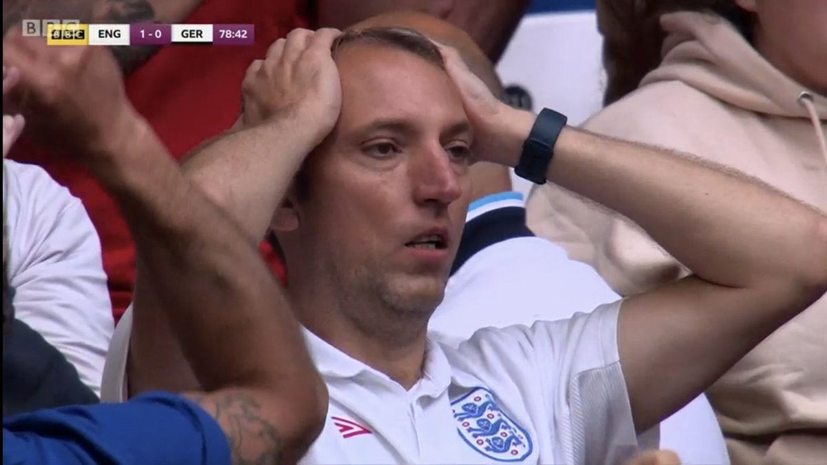 mattuthompson's tweet photo. Look at this guy’s reaction to England’s goal…

Definitely a Germany fan who has wangled a ticket in the England section 🤣

#ENGGER https://t.co/G6Ic1VmdKj