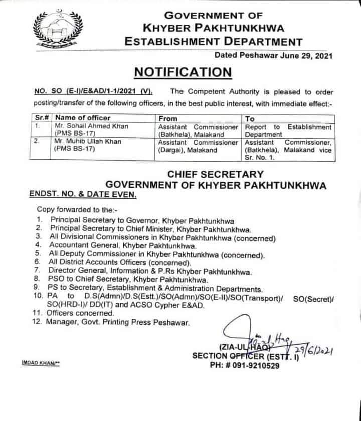 Posting/transfer of the following officers 
Mr .Sohail Ahmad Assistant Commissioner Batkhela 
Mr . Muhib Ullah Khan Assistant Commissioner Dargai