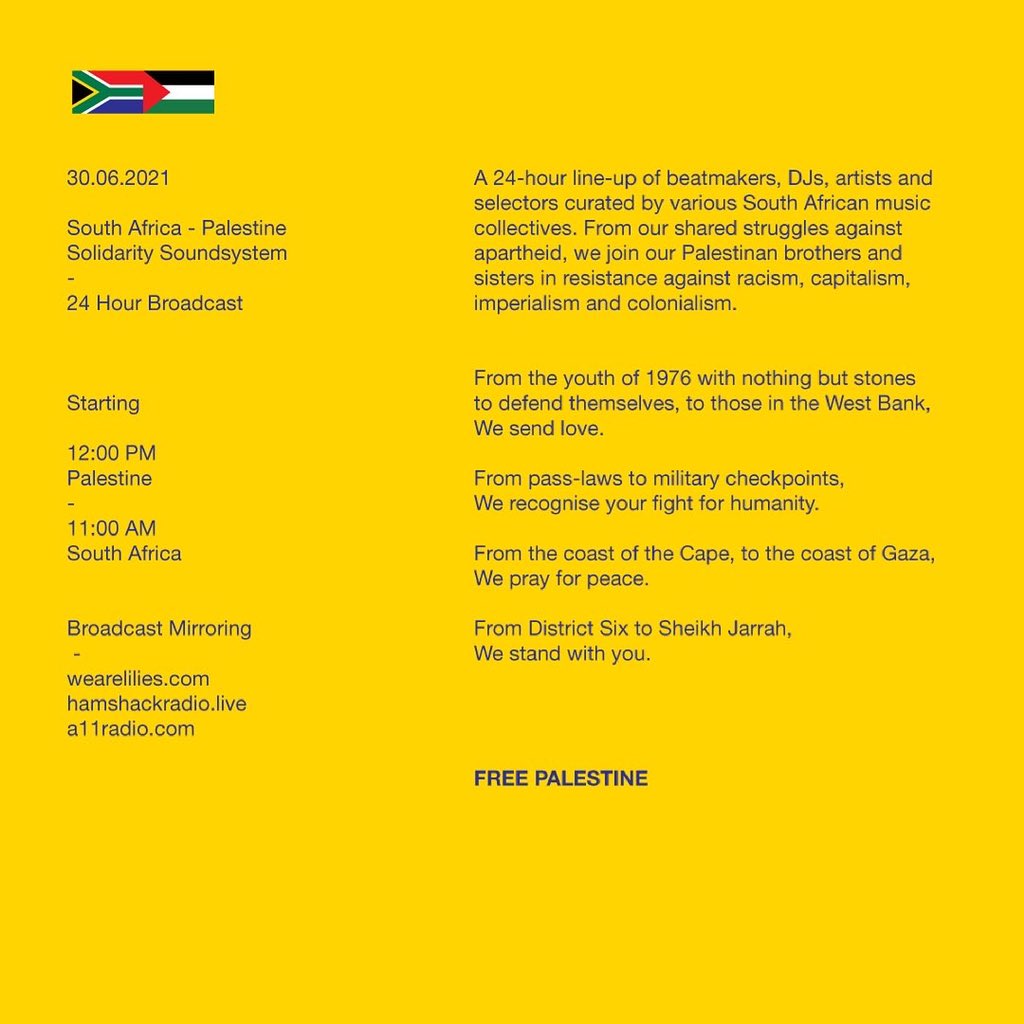 liliesradio's tweet photo. South Africa - Palestine Solidarity Soundsystem is broadcasting for 24hrs on Radio Alhara for the Sonic Liberation Front. 
 
curated by @wearelilies @swakcatalog @rosebonica @MfenguRecords @HamshackRadio A11 Radio &amp; The Other Radio 

more info via the link in our bio ��🇸🇿🇦🌎📲 https://t.co/gXePc5pR0y