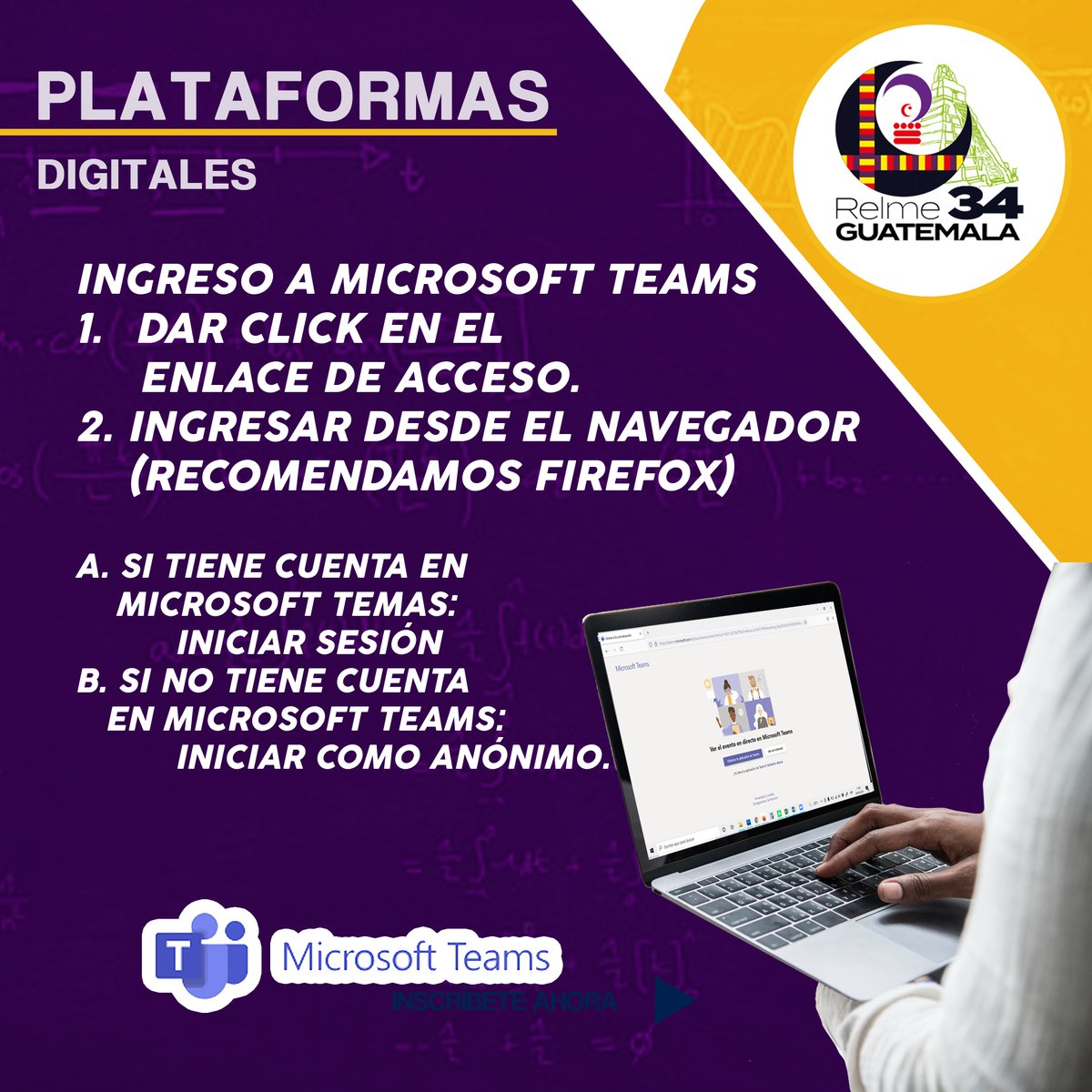 Relme34gt's tweet photo. Ingreso a Microsoft Teams
1. Dar click en el enlace de acceso.
2. Ingresar desde el navegador (recomendamos Firefox)
   ✅  Si tiene cuenta en Microsoft Temas: iniciar sesión
   ✅  Si no tiene cuenta en Microsoft Teams: iniciar como anónimo. https://t.co/ht93TXBMrV