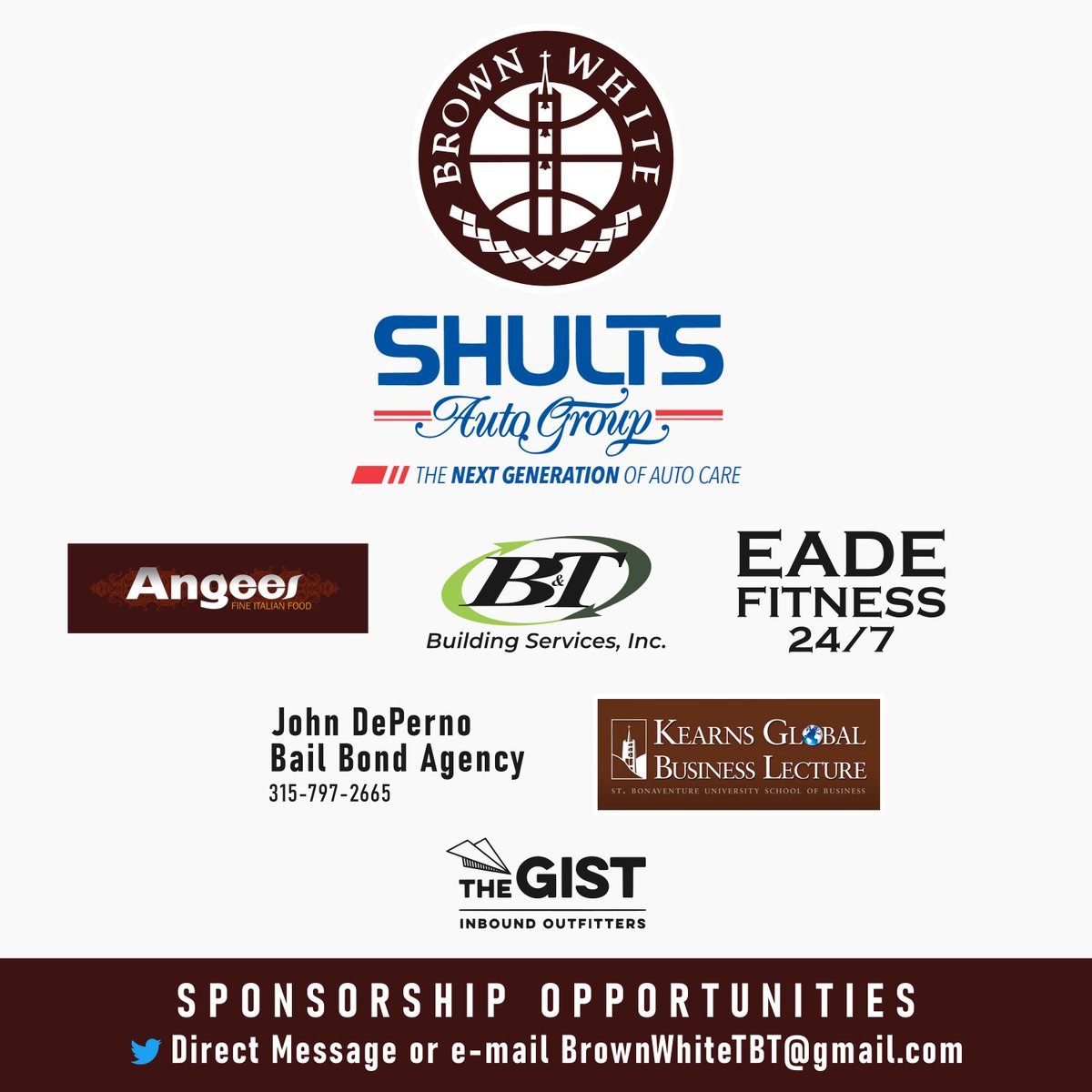 BrownWhiteTBT's tweet image. HUGE shoutout to the sponsors who've teamed up with us so far! Along with essential fundraising by the awesome Bona fan base, these businesses have helped make our TBT debut possible.

DM if interested in sponsorship. This helps immensely with flights, lodging, food, and more!