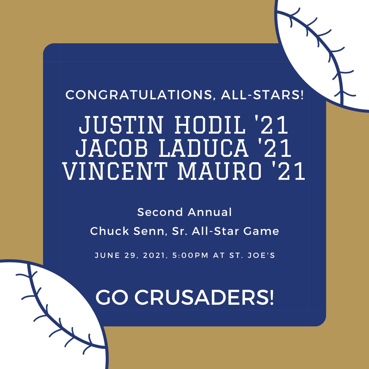 Congrats to Georgetown Cup champion @CHS_Dugout members Justin Hodil '21, Jacob LaDuca '21, and Vincent Mauro '21 on being selected for tonight's Chuck Senn Sr. All-Star Game! 👏🏽⚾️

#pursueexcellence #CHSalum