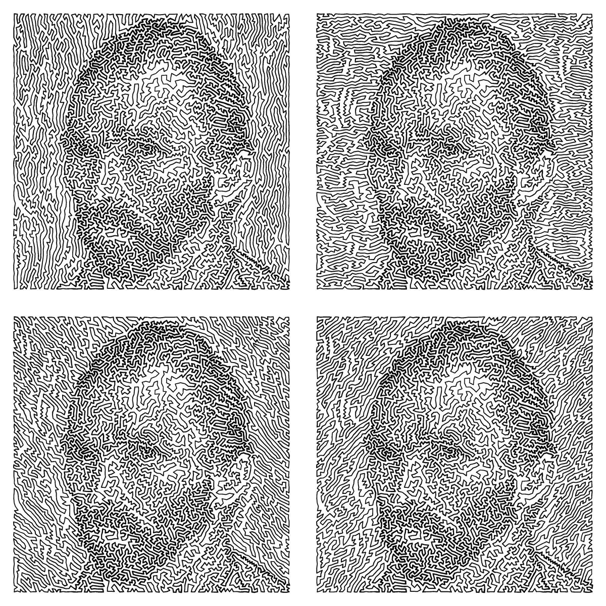 baabbaash's tweet photo. Four TSP tours of the same point set. In what ways are they the same? How do they differ? (Joint work with Rob Klock @KlockRob. TSP tours via the Concorde TSP Solver's implementation of the Lin-Kernighan heuristic.) #mathart #orms https://t.co/JYFs2lYrai