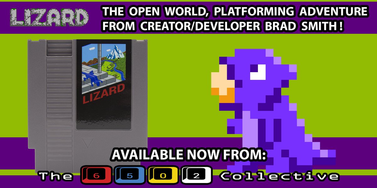 6502Collective's tweet image. Lizard, the open world, platforming adventure from @bbbradsmith is now available from The @6502Collective!

Put on a lizard &amp;amp; go for an adventure in this epic NES homebrew that you will get lost in...both literally &amp;amp; figuratively. #8BitLegit

GET IT HERE==&amp;gt;6502collective.com/store/p_254880…
