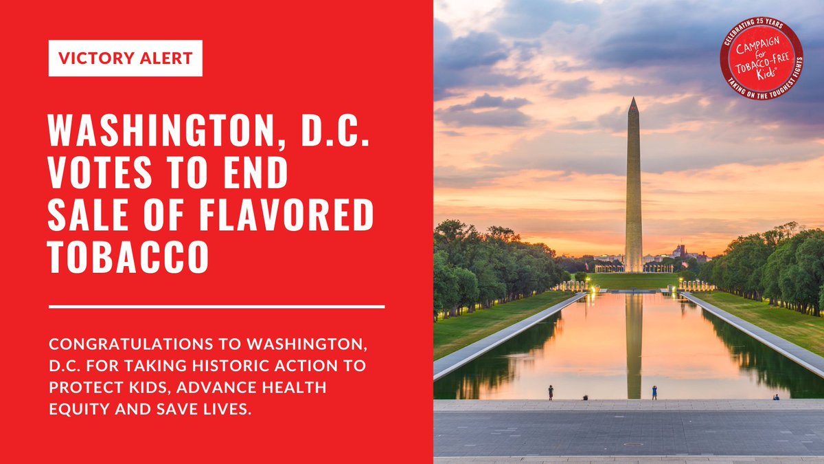 Breaking: The <a href="/councilofdc/">Council of DC</a> just voted to end the sale of flavored tobacco products, including flavored e-cigs, menthol cigarettes and flavored cigars.

This historic action will protect kids from tobacco addiction, advance health equity and save lives. #DC tobaccofreekids.org/press-releases…