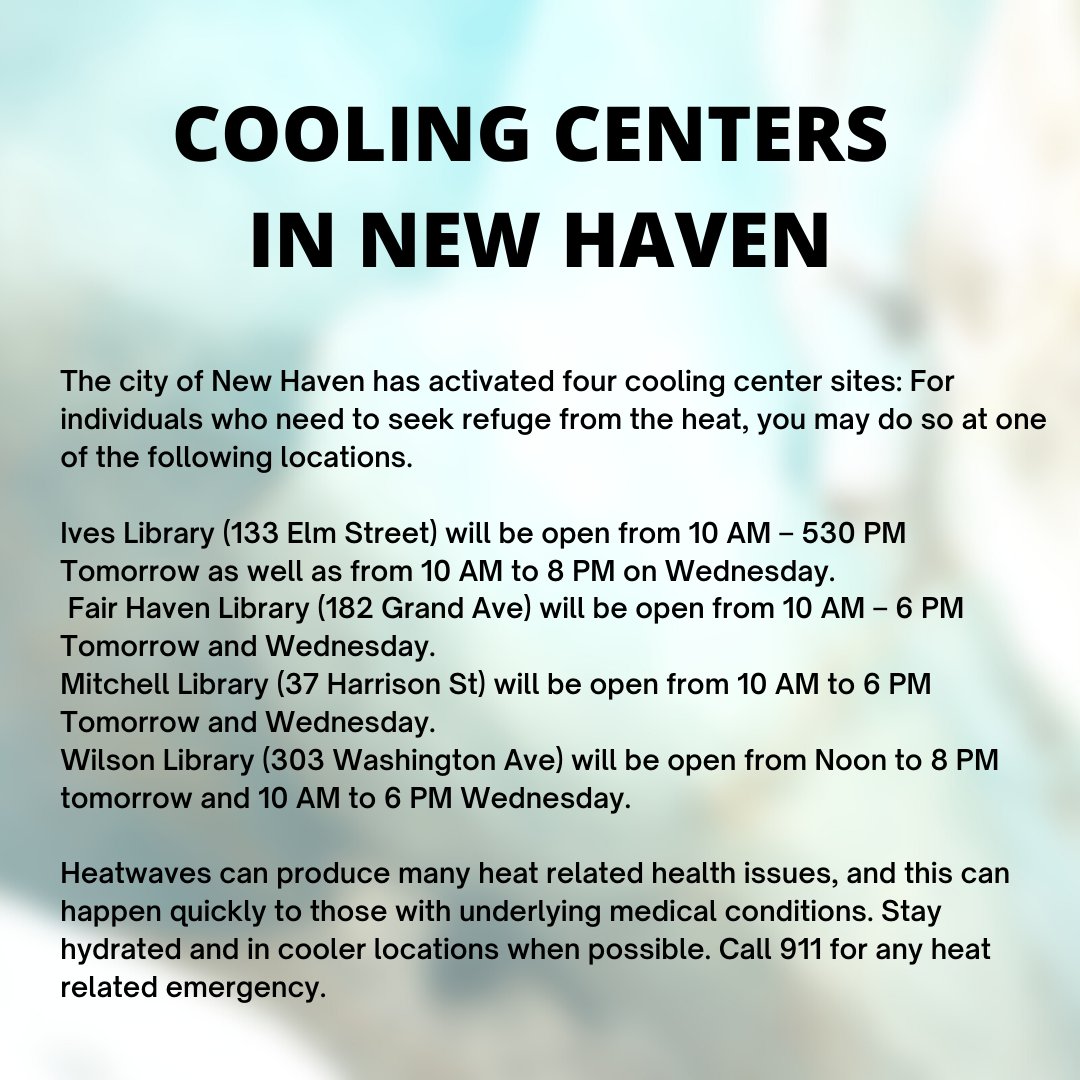 The temperature these past couple days has been brutal, especially for folks who are experiencing houselessness or homelessness. Read below to find some spaces where you can cool off this week. 

#coolingcenters #newhaven #ct #cityofnewhaven #newhavenpridecenter