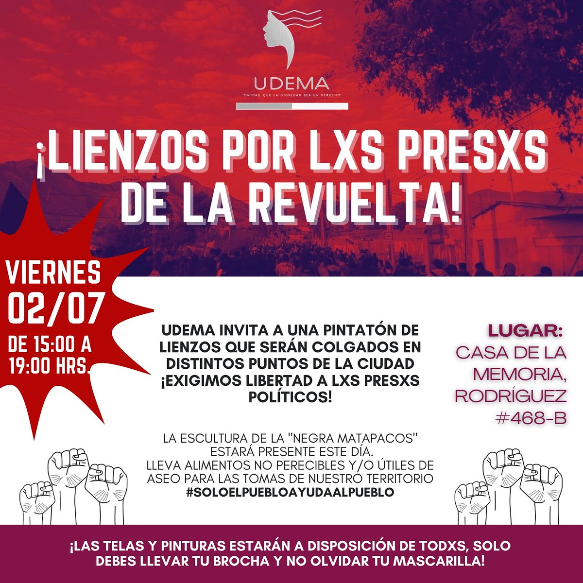 Todxs a sumarse! 🔥

UDEMA invita a participar de esta jornada por lxs presxs de la revuelta!! ✊🏽🏴
Viernes 02 de julio de 15:00 a 19:00 hrs. en la casa de la memoria
.
#libertadalospresosdelarevuelta
#soloelpuebloayudaalpueblo 
#udemahistórico

instagram.com/p/CQr_AaBMioX/…