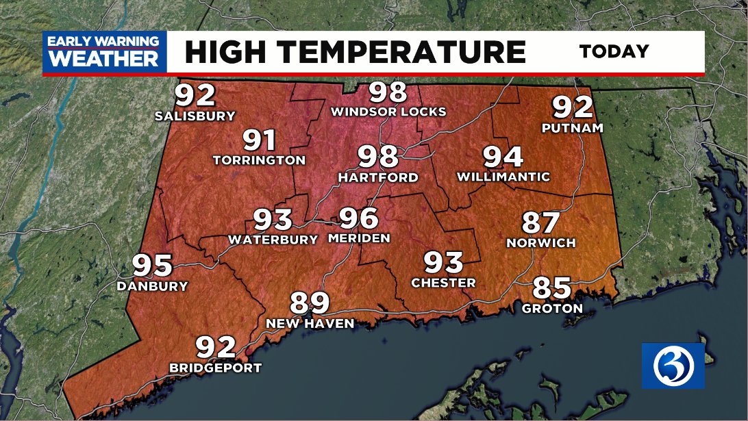 Record tying heat at Bradley International this afternoon.  98 degrees ties the record, set on June 28th, 1934.  100 degrees is not out of the question this afternoon!