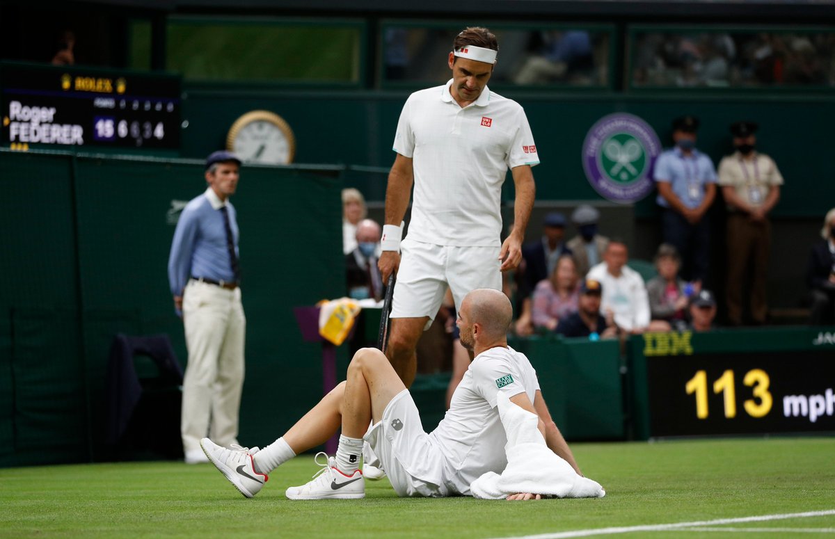 🎾 السويسري روجر فيدرير <a href="/rogerfederer/">Roger Federer</a> يبلغ الدور الثاني من بطولة ويمبلدون للتنس <a href="/Wimbledon/">Wimbledon</a> بعد انسحاب الفرنسي أدريان مانارينو <a href="/AdrianMannarino/">Adrian Mannarino</a> في بداية المجموعة الخامسة إثر تعرضه للإصابة