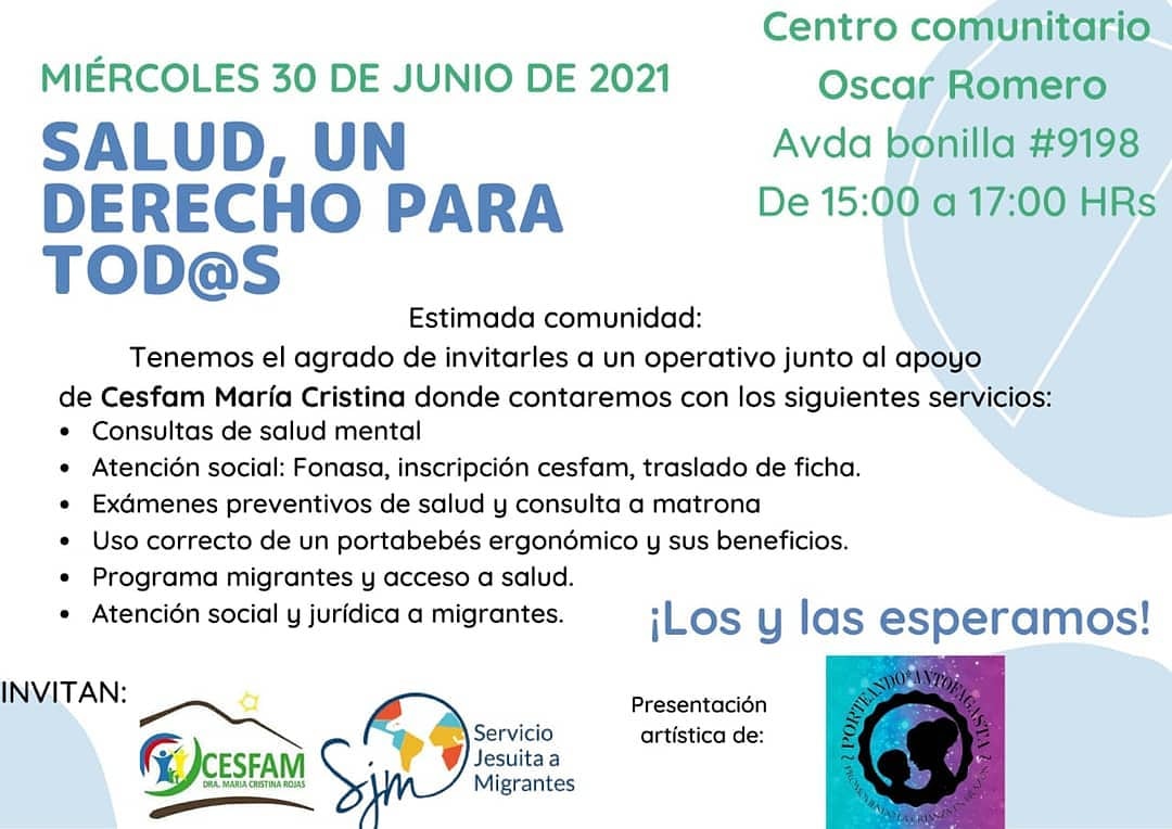 Antofa_portea's tweet photo. Este miércoles!
Operativo de salud,un derecho para tod@s! Invitación de #CesfamMaríaCristina y @SJMChile 
Estaremos presente apoyando, nos vemos desde las 15:00hrs a las 17:00hrs. Compartan!! #Antofagasta #salud #familia #PorteoErgonomico #derecho #operativo @AM_Canal @TurkiAntof https://t.co/Hx8wjgOSqU