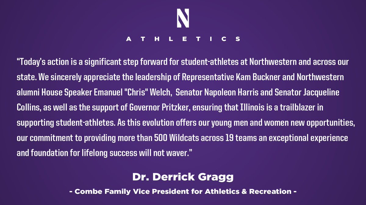 A landmark day for student-athletes in the state of Illinois as @GovPritzker signs Name, Image & Likeness legislation championed by @NUCatsBaseball alum @RepChrisWelch and @NUFBFamily alum @SenHarrisIL. ✍🏼 bit.ly/3jqlJkZ