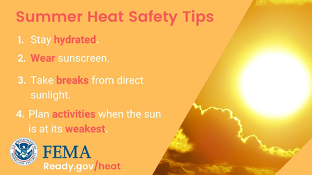 summer heat safety tips, 1) stay hydrated. 2) wear sunscreen. 3) Take breaks from direct sunlight. 4) Plan activities when the sun is at its weakest. FEMA Logo, ready.gov/heat