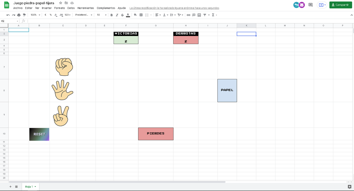 EstudiaGames's tweet photo. Hoy en el directo se ha programado un piedra, papel, tijera en Google Sheets (Excel). Tenéis una copia en: https://t.co/IogsJwLYkD (no la destrocéis mucho). https://t.co/tZKib2tOX1