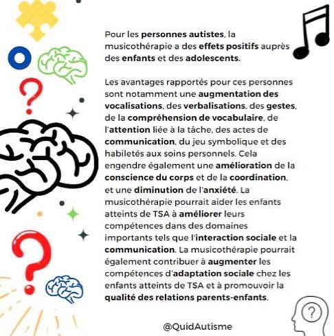 QuidAutisme's tweet photo. La musicothérapie, une possibilité de traitement de l’autisme  🎵🎶

#musicotherapie #therapie #autisme #traitementautisme #tsa https://t.co/u6AIfSZdro