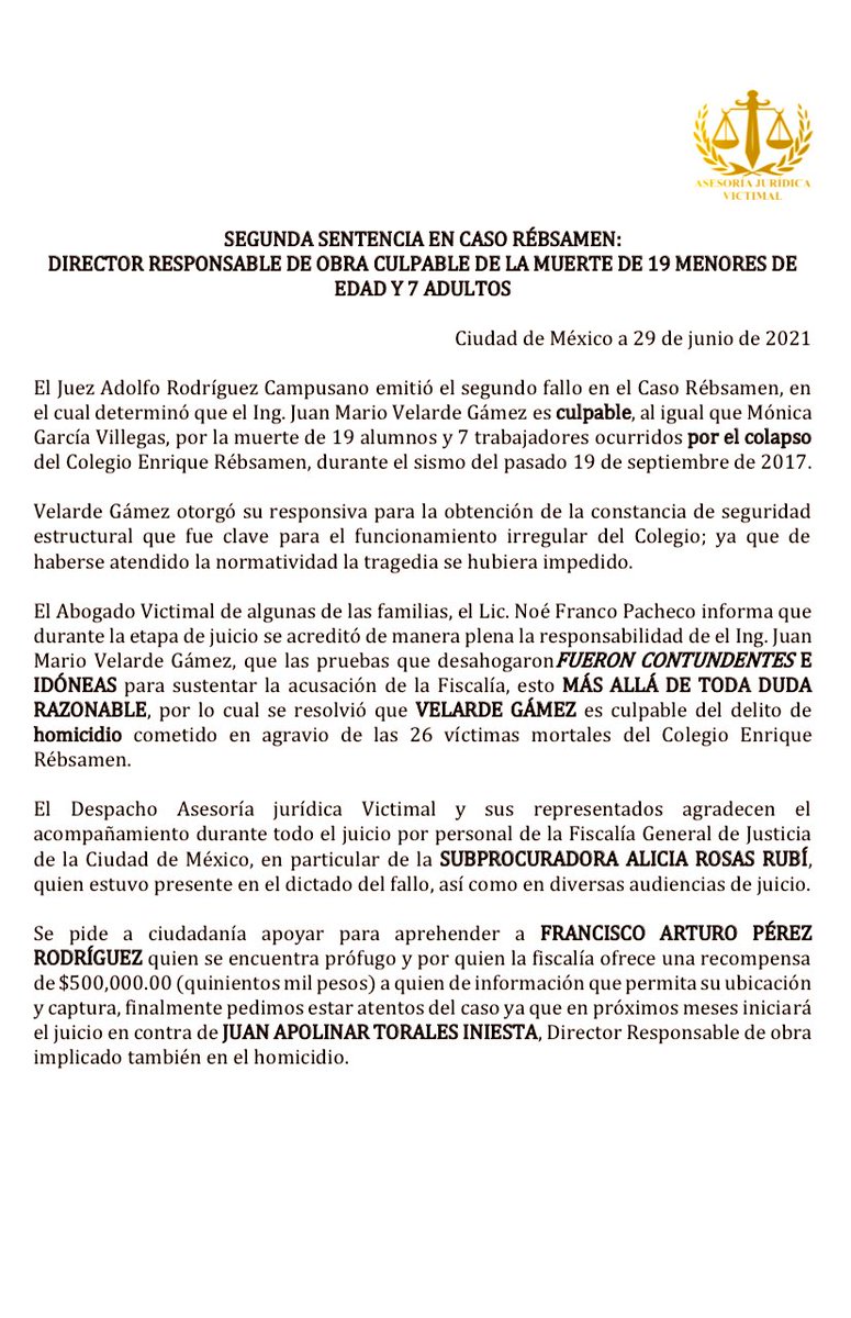 victimal's tweet photo. Hoy dictan Segunda sentencia en Caso #Rébsamen
Director Responsable de Obra culpable de la muerte de 26 personas (entre ellos 19 menores) @MonnyDanny @carlos_danielz @elytafp @latinus_us @El_Universal_Mx @ImagenTVMex https://t.co/vA5wgK8R60