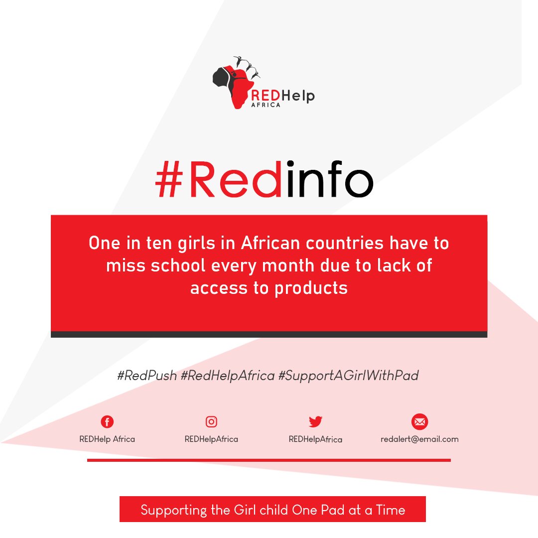 REDHelpAfrica's tweet photo. Fact: 

One in Ten girls in African countries have to miss school every month due to lack of access to sanitary products. 

/@AkwariCharles
@ajuicygeorge @stephanieorkuma
#RedInfo #RedHelpAfrica https://t.co/VRTjKy8tev