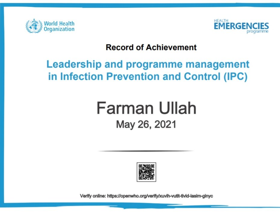 DrFarmanUllahbj's tweet photo. AlhamduliAllah I have completed three online courses ,#Basic_life_Support,BLS),#CardioVascular_Life_Support)And #LeaderShip_And_Programe_Management_in_infection_prevention_and_Control)for which I will get the certificates today from #TeamHealthInstitute and #WHO https://t.co/51qKFWtaxI