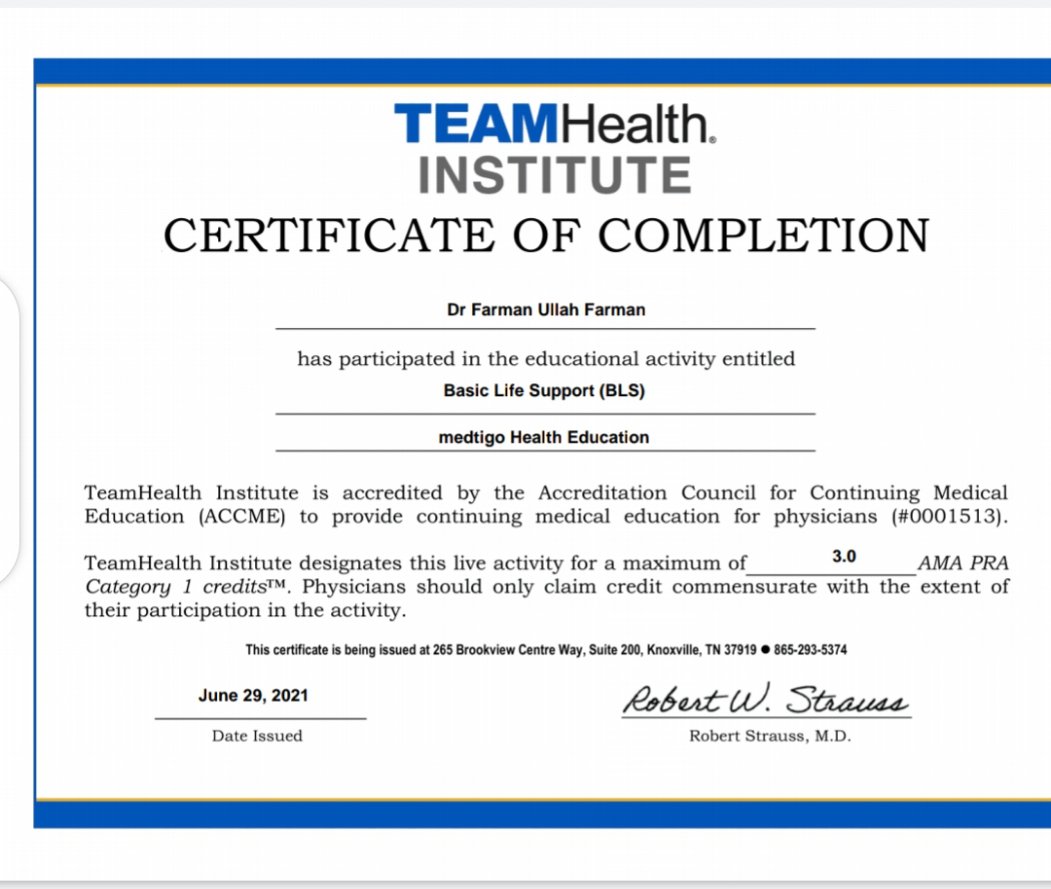 DrFarmanUllahbj's tweet photo. AlhamduliAllah I have completed three online courses ,#Basic_life_Support,BLS),#CardioVascular_Life_Support)And #LeaderShip_And_Programe_Management_in_infection_prevention_and_Control)for which I will get the certificates today from #TeamHealthInstitute and #WHO https://t.co/51qKFWtaxI