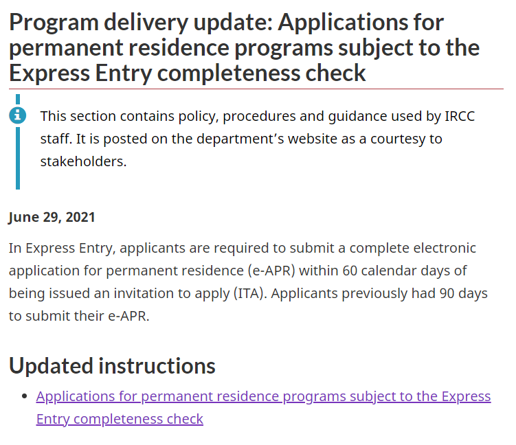 CBA_Immigration's tweet photo. Program delivery update: Applicants required to submit complete eAPR within 60 calendar days of being issued ITA. #cdnimm |  https://t.co/vhjzhivUA6 https://t.co/cWdItATvMQ