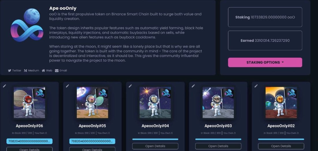 $ooO staking for exclusive NFT's  

Marketplace - A place to buy and sell 

Coming Friday July 2nd

Featured @ApeOnIy