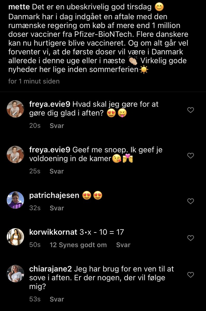 Mette F’s følgere på Instagram virker umiddelbart ikke til at være interesseret i opkøbet af 1,2 millioner rumænske Pfizer-vacciner… #dkpol