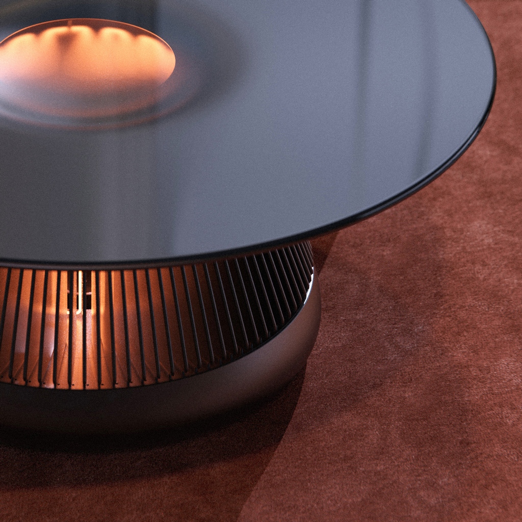 The Hearth’s glow coming through its glass tabletop. #hearth #electricfireplace #conceptproject #coffeetable #spaceheater #industrialdesign #render #keyshot #warm #fireplace #industrialcraft #interiordesign #livingroom #glow #aluminum