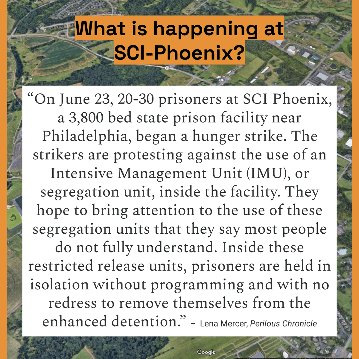AbolitionistLC's tweet photo. ALL EYES ON SCI-PHOENIX! Support the #Vaughn17 + hunger strikers! Demand the #Pennsylvania DOC release the alleged "IMU" handbook and provide a pathway out of #solitaryconfinement for our community members! Learn about whatsup at SCI-Phoenix in the thread #SCIPhoenixHungerStrike https://t.co/oAosEDm96f