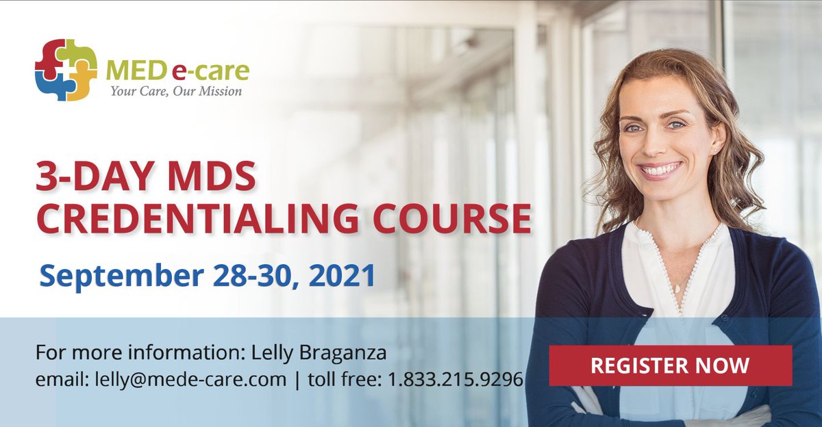 Medecare's tweet photo. Our next Virtual 3-day MDS Credentialing course will be held from September 28 to 30, 2021. The course will cover a detailed process of coding and utilizing the MDS assessment system including CAPs/RAPs, QIs, RUGs, and Outcome Measures. 

To register: https://t.co/yKN1H0ZyCJ https://t.co/78tzf1Wl0B