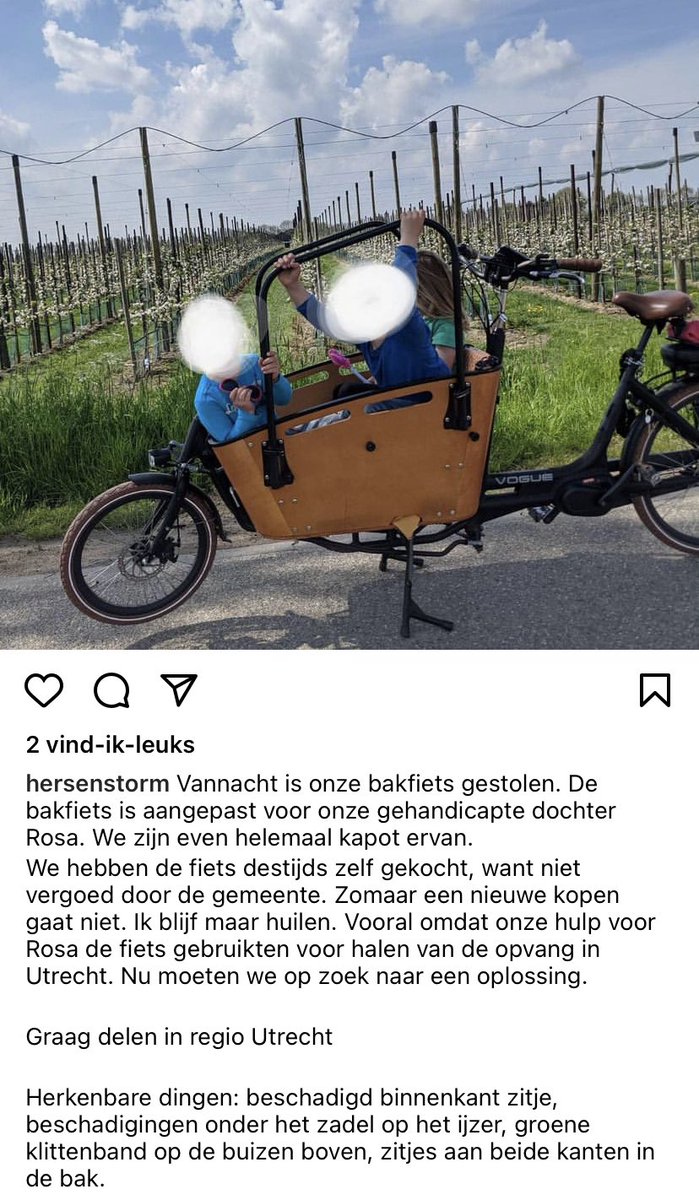 Wie heeft de aangepaste bakfiets van Rosa gezien? Hij is vannacht gestolen, omgeving #utrecht #030 en wordt node gemist. RT = lief.