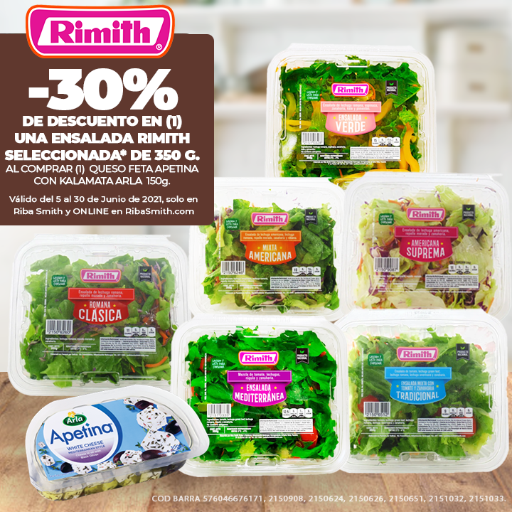 Riba_Smith's tweet photo. Últimos días de la #PROMORS de 🧀Arla y 🥗Ensaladas #Rimith 🔝Recibe -30% en tu Ensalada favorita seleccionada al comprar un (1) Queso Feta con Aceitunas Kalamta 150g, en tu #RibaSmith preferido y ONLINE en https://t.co/i9YyIfoAsR del 5 al 30 de junio de 2021 https://t.co/fi9zSwxLTp