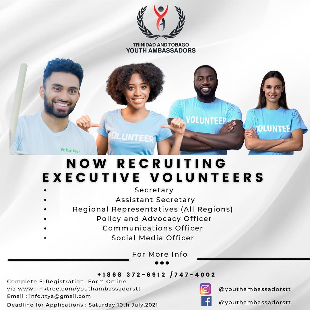 thettya's tweet image. Calling all YOUths 17-35 !  The Trinidad and Tobago Youth Ambassadors is now  recruiting Volunteers
Online Application Form :- 
 linktree.com/youthambassado… 
For further information feel free to info.ttya@gmail.com 
Deadline for Applications closes Saturday 10th July,2021