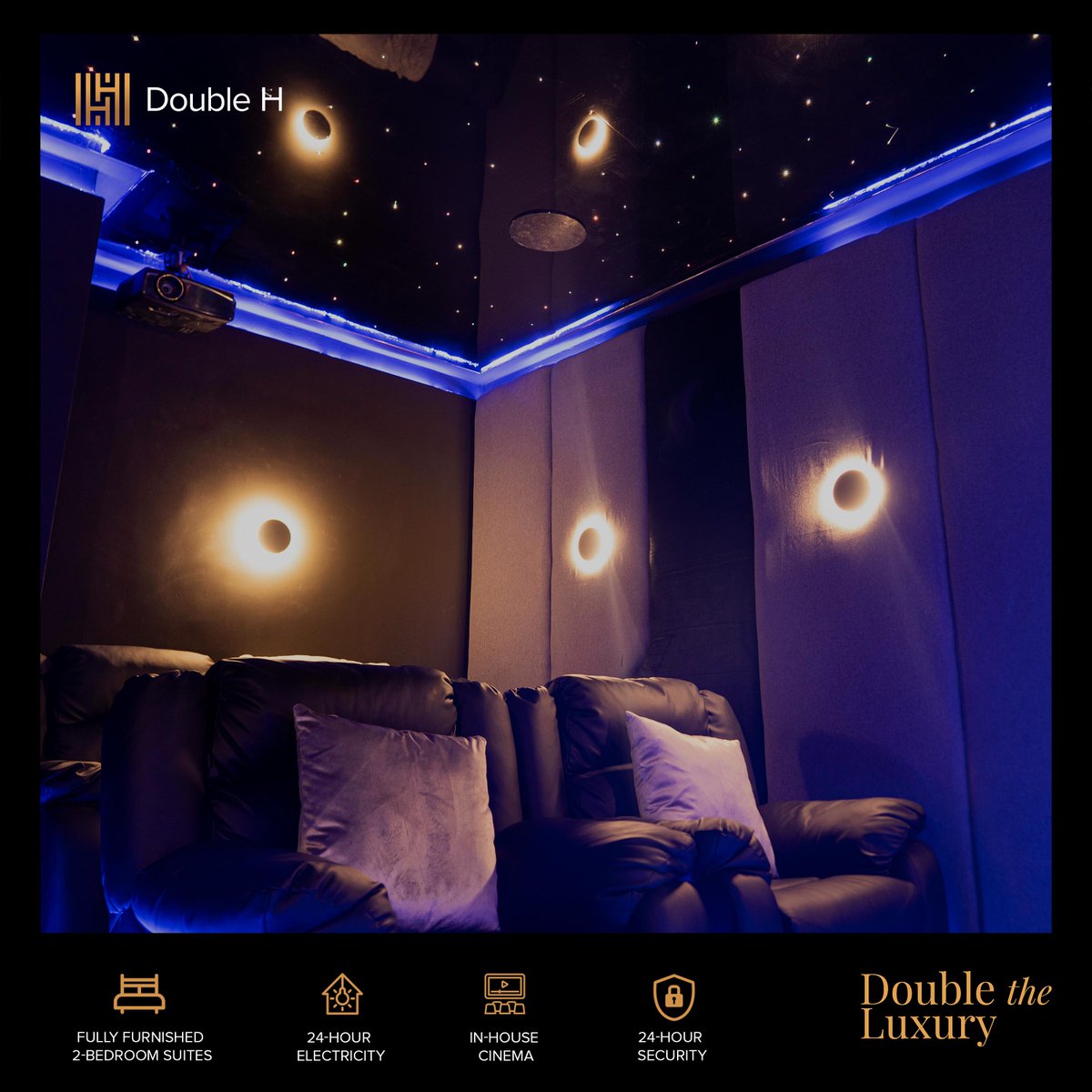 Treat yourself and your loved one to a first-of-its-kind private movie theater at home.

Link in bio to book our luxury short stay homes.🥂

#DoubleH #WelcometoDoubleH #Luxuryshortstaypartments #VisitLagos