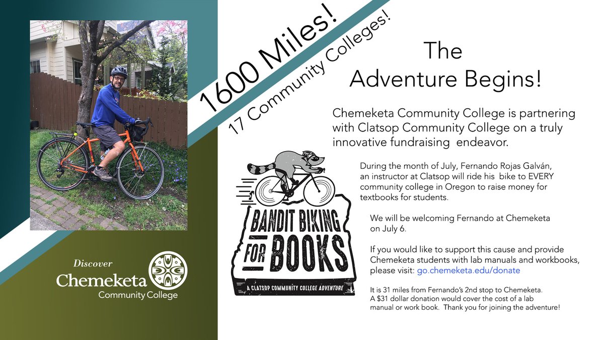 chemeketa's tweet image. We&apos;re joining the adventure and you can too!  go.chemeketa.edu/donate #textbooksforall #banditbikingforbooks