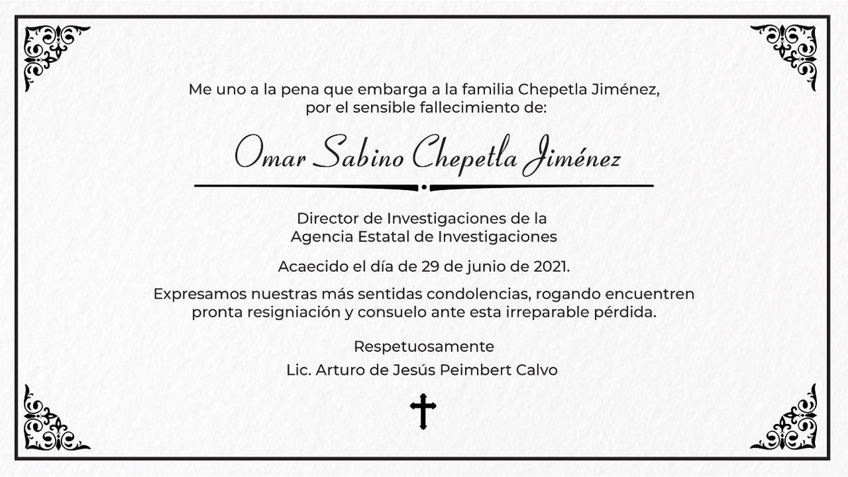 Condeno enérgicamente el homicidio de Omar Sabino Chepetla Jiménez, quien fuera Director de Investigaciones de la <a href="/AEI_Oaxaca/">AEI_Oaxaca</a>. Desde la <a href="/FISCALIA_GobOax/">Fiscalía General</a>, realizaremos las indagatorias pertinentes para esclarecer este crimen.