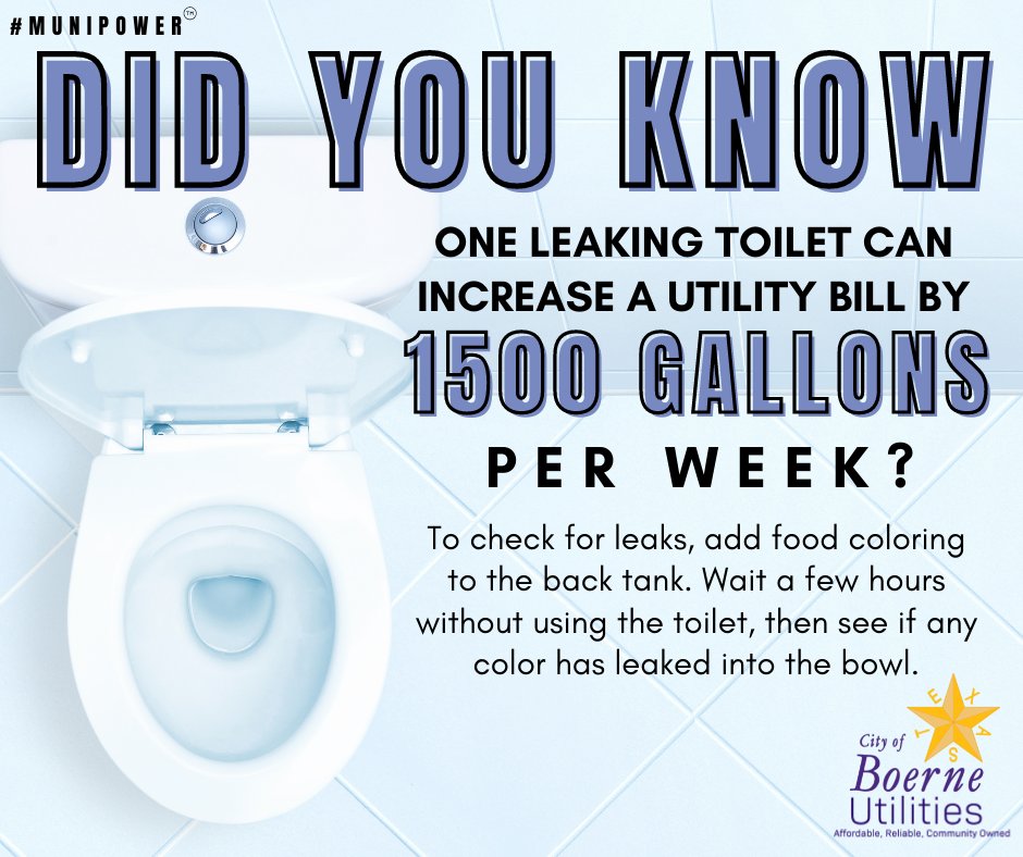 Boerne_TX's tweet photo. π½ No potty humor here just a great #ToiletTip for you. Leaky toilets waste water and cost you πΈπΈ. Test yours today! #SpringALeak #MuniPower π½ https://t.co/IPnPSuoSj6