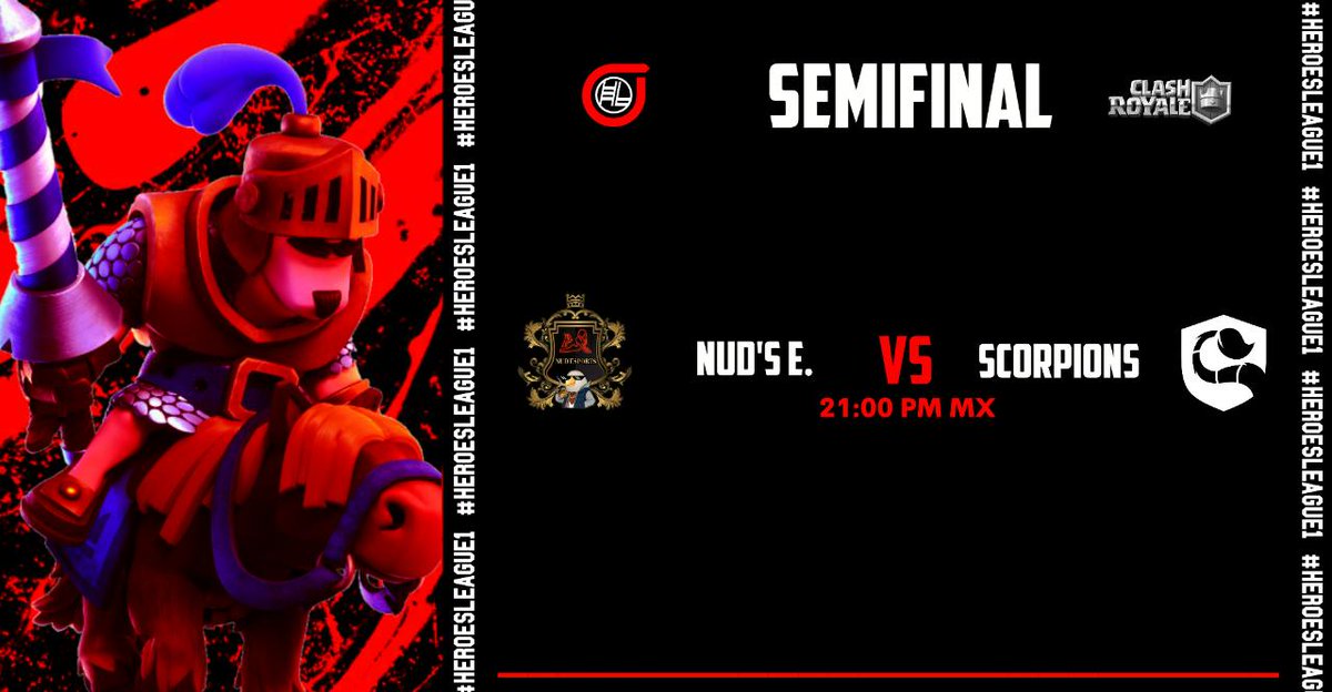 HÉROES LEAGUE • E-SPORTS (@heroesleague1) on Twitter photo #ClashRoyale| Play-Offs |
| SEMIFINAL |
El día de hoy tenemos un choque muy duro por ambas escuadras, prometen dar un gran espectáculo, buenas suerte 🥳
¿Quién pasará a la gran Final? 🤔
⚔️<a href="/NudeSports69/">Nud'eSports</a> 🆚 <a href="/ScorpionsGG/">Scorpions™</a>
⏰ 21:00 🇲🇽
🎙️Caster: <a href="/Sk8ChubiCR/">Sk8Chubi</a>
#LetsGoHeroesLeague🔥 #ClashRoyale| Play-Offs |
| SEMIFINAL |
El día de hoy tenemos un choque muy duro por ambas escuadras, prometen dar un gran espectáculo, buenas suerte 🥳
¿Quién pasará a la gran Final? 🤔
⚔️<a href="/NudeSports69/">Nud'eSports</a> 🆚 <a href="/ScorpionsGG/">Scorpions™</a>
⏰ 21:00 🇲🇽
🎙️Caster: <a href="/Sk8ChubiCR/">Sk8Chubi</a>
#LetsGoHeroesLeague🔥