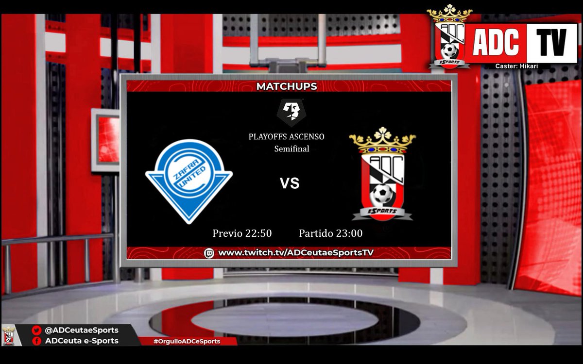 ⚽️ Match Day ⚽️ 29/06/2021 🗓

📅 Semifinal playoff ascenso a 2° División de <a href="/VFOspain_ps/">VFOspain PS</a>

🏟 <a href="/ADCeutaeSports/">AD Ceuta eSports</a> 🆚 <a href="/ZafraUnited/">𝐙𝐀𝐅𝐑𝐀 𝐔𝐍𝐈𝐓𝐄𝐃 🎮</a>

⏰22:50 PREVIO 23:00 PARTIDOS BO3

🎙️@Koaru_sensei
🖥️ Twitch.tv/adceutaesports…

⚫🔴Un objetivo...una ilusión⚫🔴
#Lahistoriaestamalconta
#MiBasuraesmia