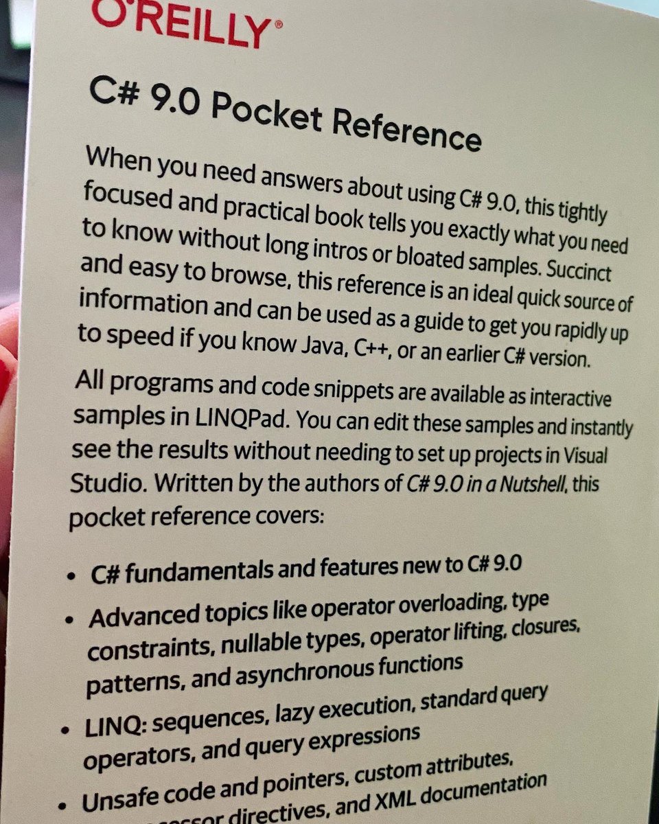 cjkodare's tweet image. Another book in my shelf! @oreillymedia ”C# 9.0 Pocket Reference” - My first ever small, handy, pocket-size programming book! Usually they are heavy and thick! 👩🏻💻😁 📚
#oreillybooks #csharp9 #booksforprogrammers #dotnetdeveloper #csharppocketreference