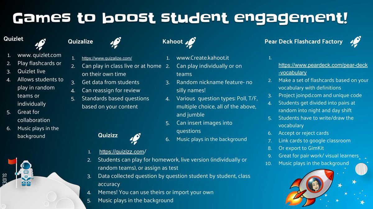 Here are 4 graphics that helped me this year!

1. Meet the teacher- ways to introduce yourself
2. Games to boost #studentengagement #edtech
3. Lesson Structure + Pacing  <a href="/edutopia/">edutopia</a> edutopia.org/article/flexib… 
4. Social Emotional Learning <a href="/PearDeck/">Pear Deck Learning</a> <a href="/Mentimeter/">Mentimeter</a> 

Sharing is caring 🤝