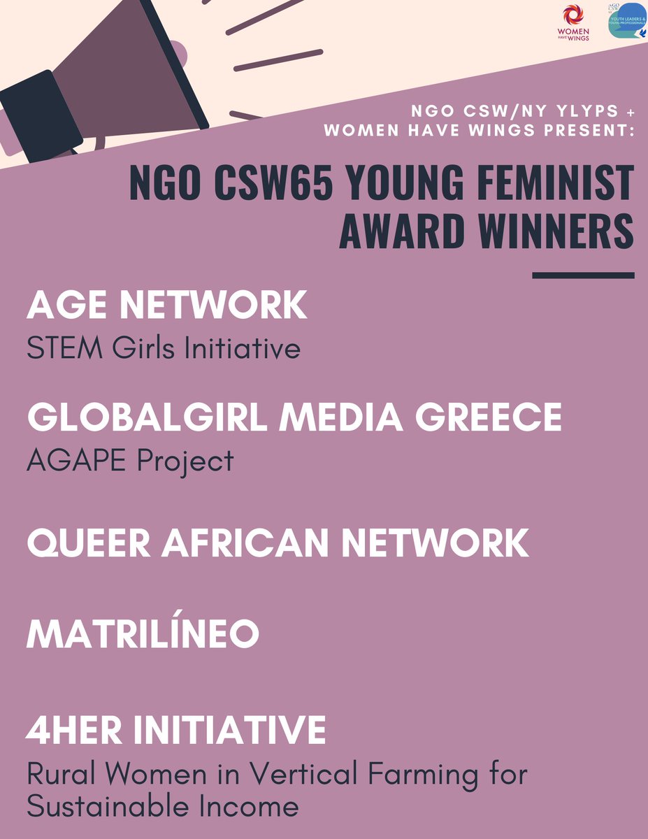 NGO_CSW_NY's tweet photo. 🚨 Announcing the #NGOCSW65 Young Feminist Awards winners! 🚨
We're thrilled to announce the 5 youth-led, transformative winners out of over 900 submissions, as well as the 20 runner-ups!
Read more about the winners and runner-ups here: https://t.co/LCV2JaQCmg https://t.co/zKbs9A644P