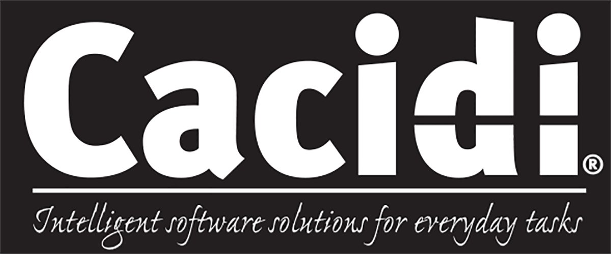 Logotype. White text on a black rectangle: "Cacidi ®️. Intelligent software solutions for everyday tasks."