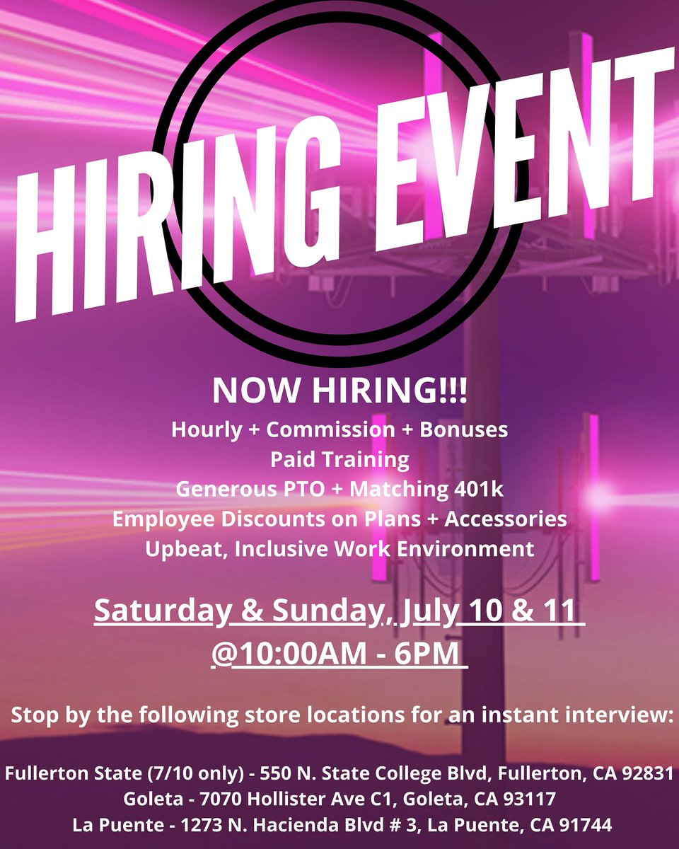 Come join the HIT family! We will be hosting a hiring event on Saturday 7/10 and Sunday 7/11! Hope to see you there! #jobsearch #tmobilelife #jobopportunity #nowhiring #hiring #careersearch #TMobileCareers #tmobile #jobseekers #salesjobs #hiringnow #hiringalert #HiringEvent