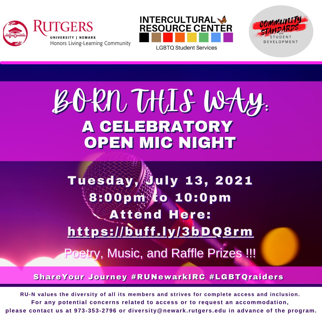 LGBTQ_Newark's tweet photo. Coming soon to a PRIDE near you.... During Newark Pride, July 12th to 18th, we present: Born This Way: A celebratory Open Mic night on the topic of Gender, Sexuality and Identity. Join us on July 13th at 8pm to 10pm!#Pride2021 #NewarkPride #RUNewarkPride #HLLC #CSSD https://t.co/DfSTbjBrGn