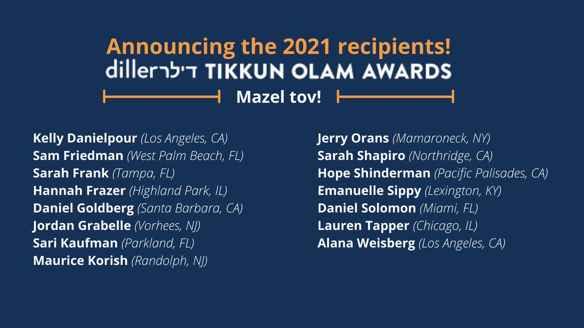 Congrats to the 2021 #TikkunOlam Awardees! From supporting older adults during COVID-19 to promoting education equity, you are helping your communities thrive! @simple__studies <a href="/BookwormGlobal/">BookwormGlobal</a> <a href="/MyVoteProject/">MyVote Project</a> @pcmpmusic @sftfsorg <a href="/ZoomersB/">Zoomers to Boomers</a> <a href="/VaxTeen/">VaxTeen</a> <a href="/tv_covid/">Covid-TV</a> <a href="/HackThePandemic/">Hack The Pandemic</a>