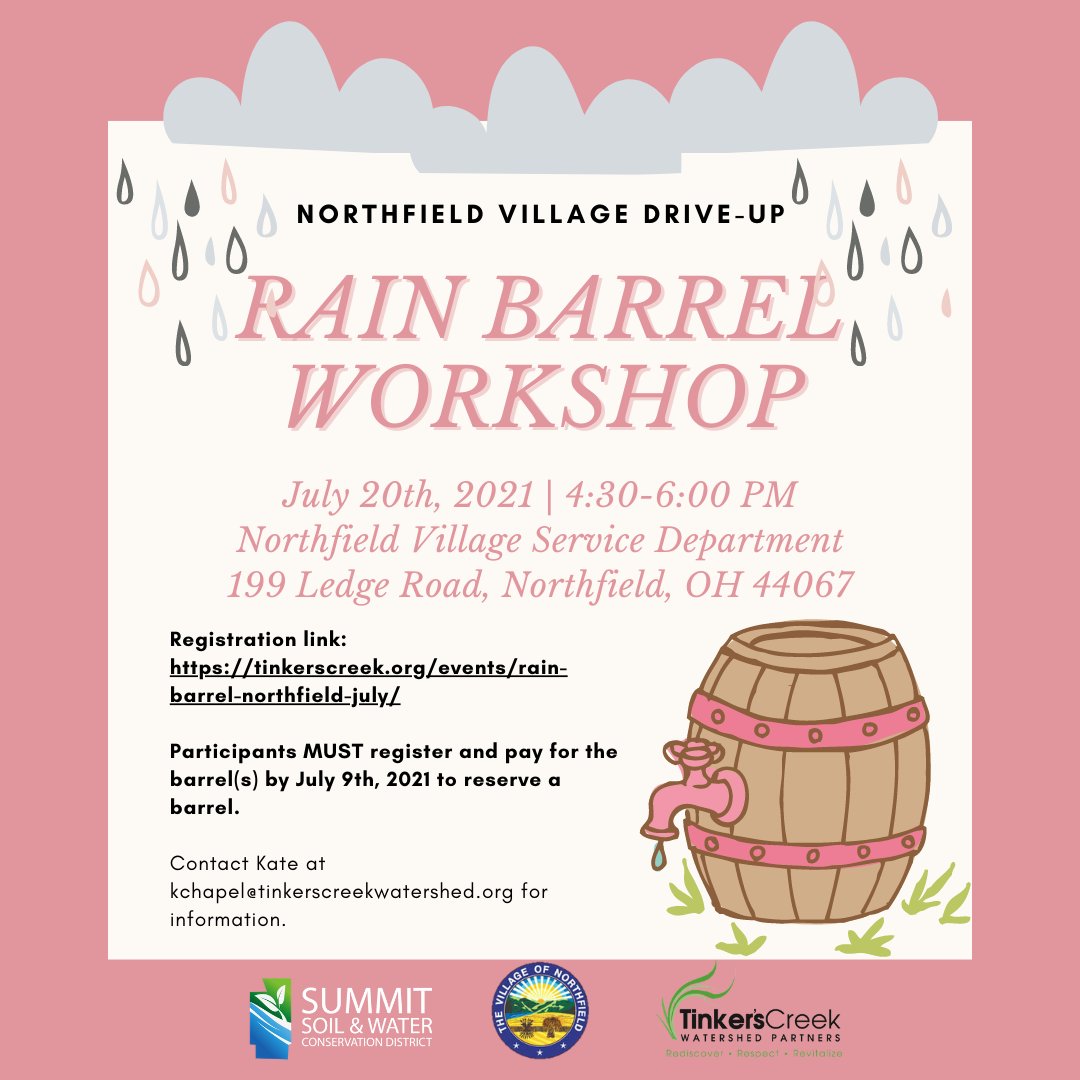 SummitSWCD's tweet photo. Join us for our DRIVE-UP RAIN BARREL WORKSHOP at the Northfield Village Service Department on July 20th, 2021! Help reduce stormwater runoff around your home.
๐ฒRegister here: https://t.co/yEQOJiqtyt
#ohio #conservation #environment #sswcd https://t.co/PoKbpkLzm2