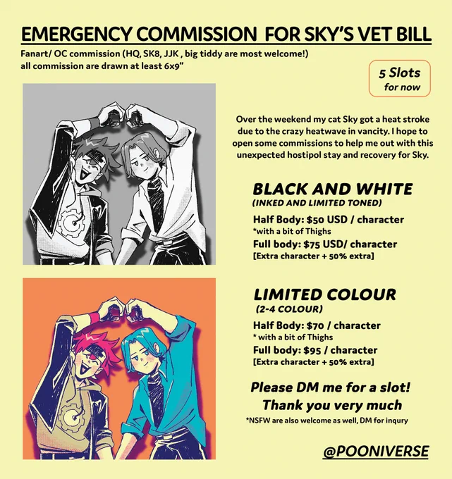 I'm opening 5 emergency commissions for Sky's vet bill! RT would be appreciated 🧡🙏 
Thank you! 