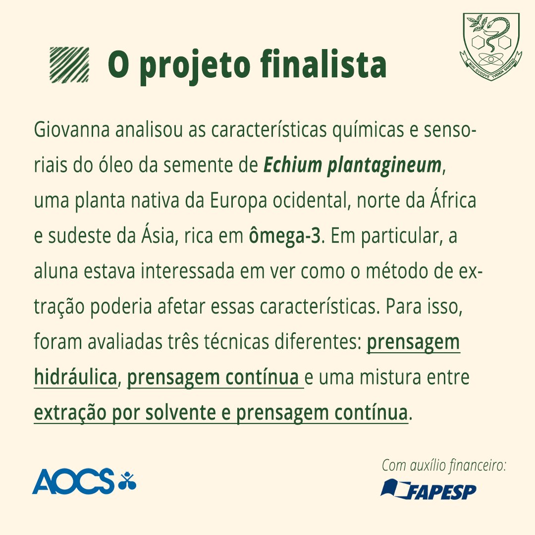 FCFUSP's tweet photo. Aluna de Iniciação Científica orientada por professora da FCF é finalista em competição internacional organizada pela @aocs
#FCF #FCFUSP #omega3 #tocoferol https://t.co/SK1ZCA82O0