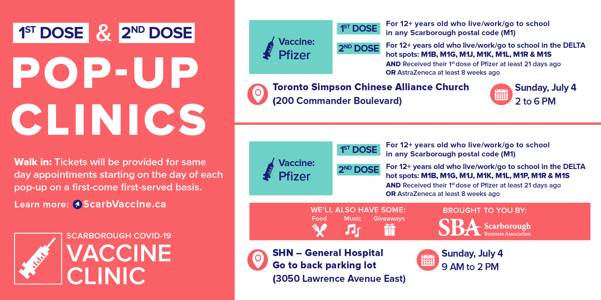Scarborough Health Network Shn More 1st 2nd Dose Pop Ups Happening This Week In Scarbto Walk In Only Tickets Will Be Provided For Same Day Appointments Starting On The Day